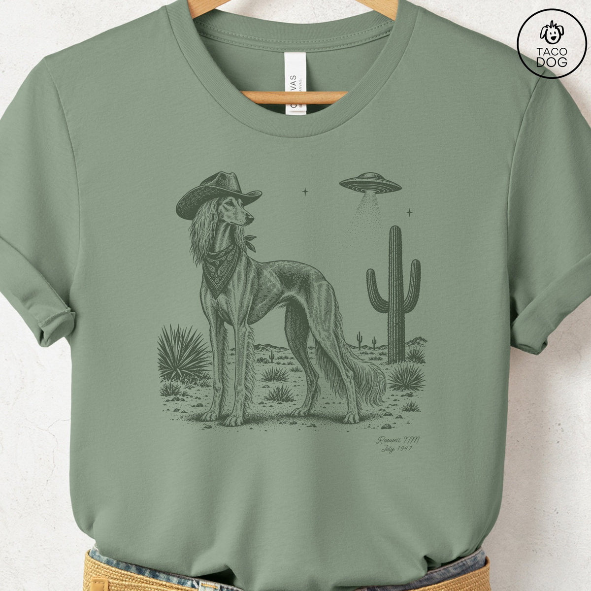 Saluki Cowboy UFO T-Shirt Sage Taco-Dog