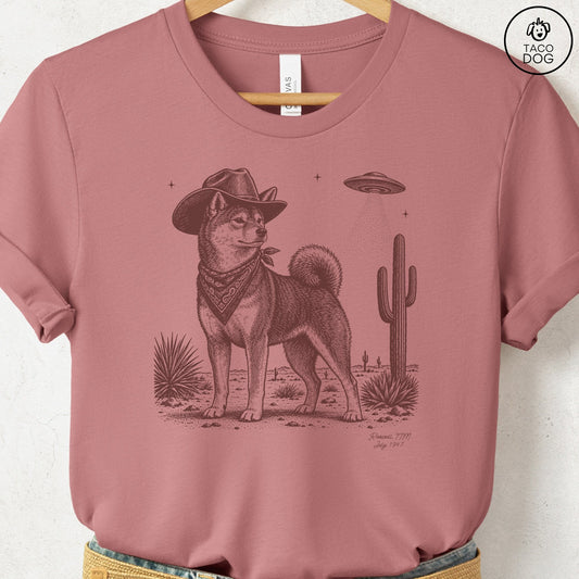 Shiba Inu Cowboy UFO T-Shirt Heather Mauve Taco-Dog