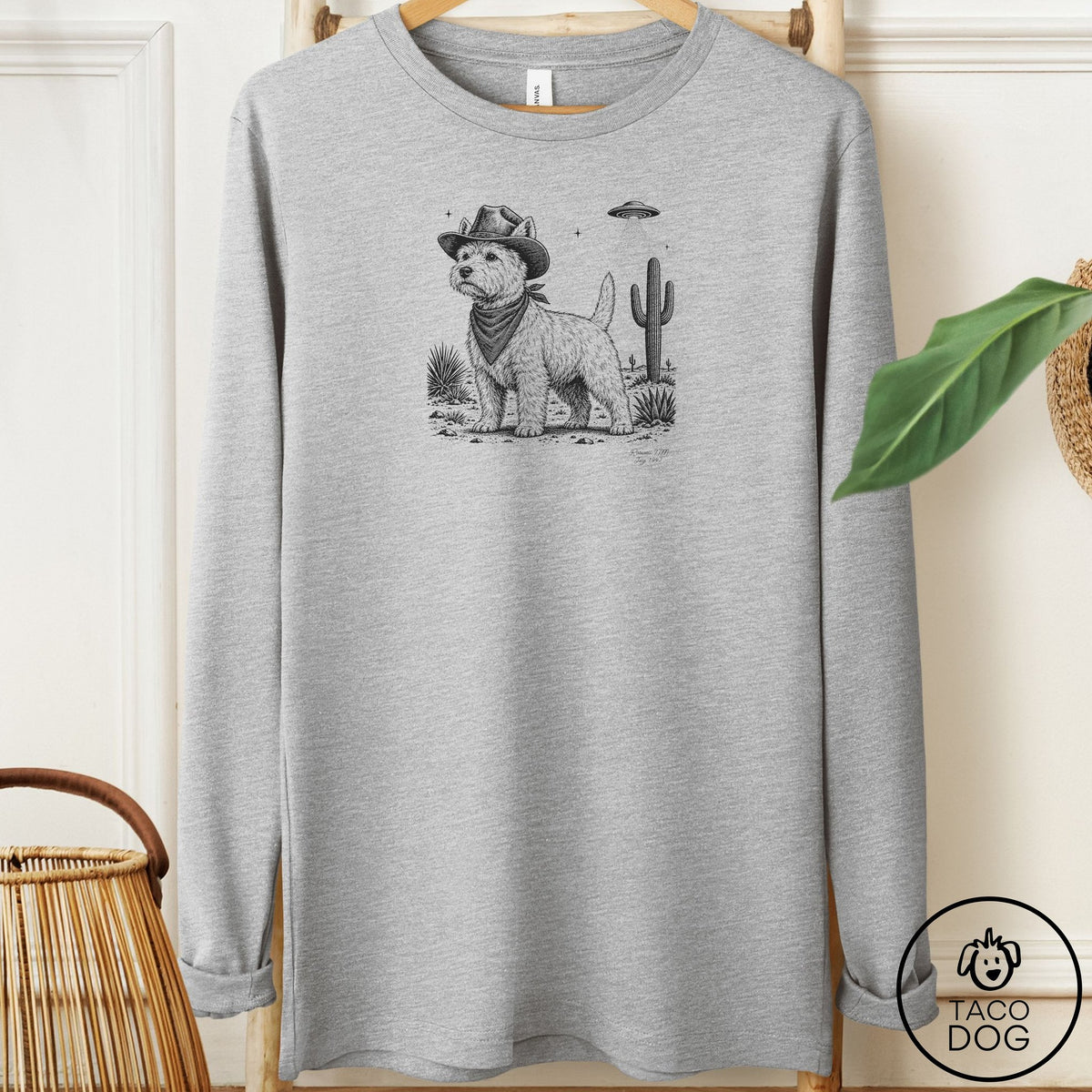 Westie Cowboy UFO Long Sleeve Tee Athletic Heather Taco-Dog