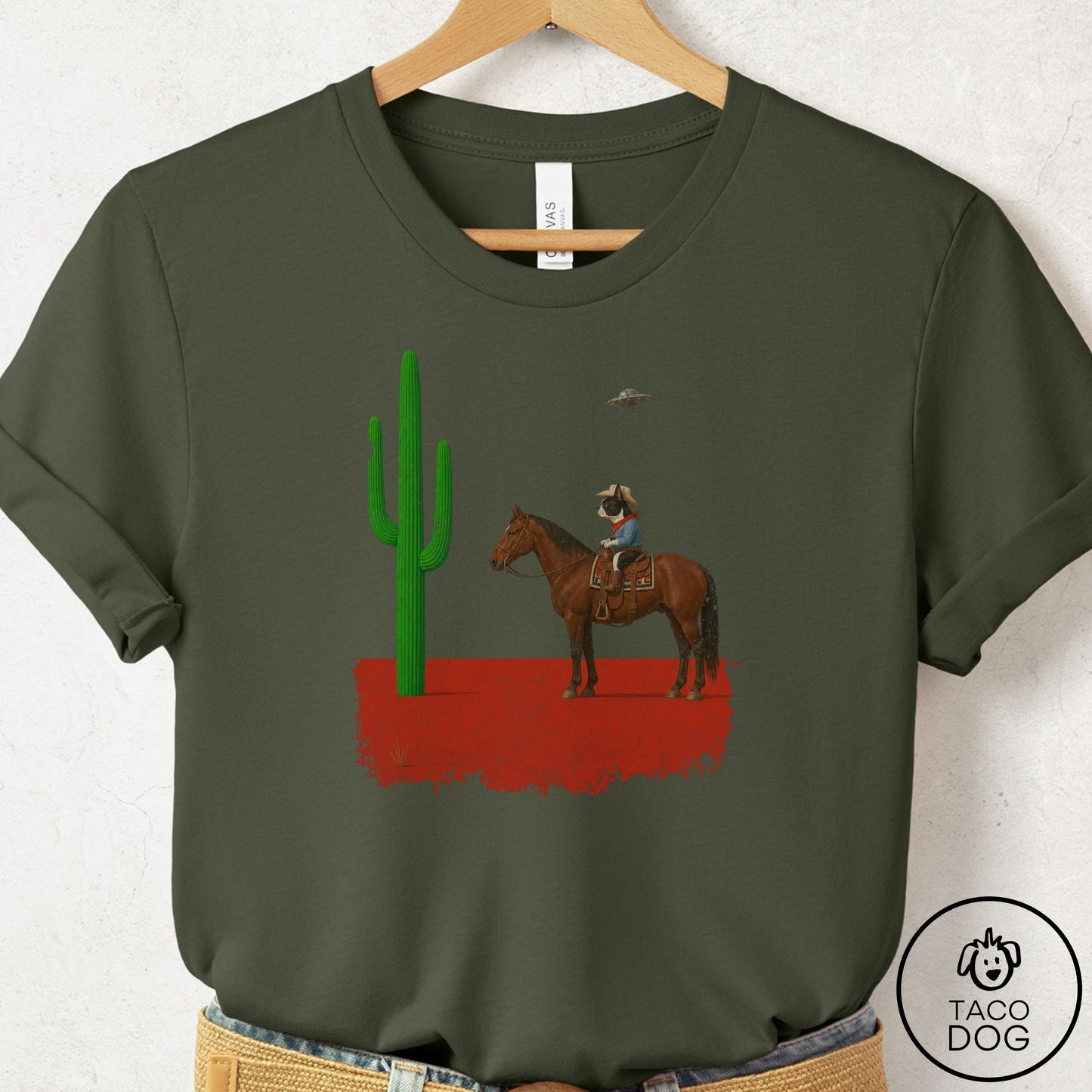 Boston Terrier Cowboy Cactus T-Shirt Military Green Taco-Dog