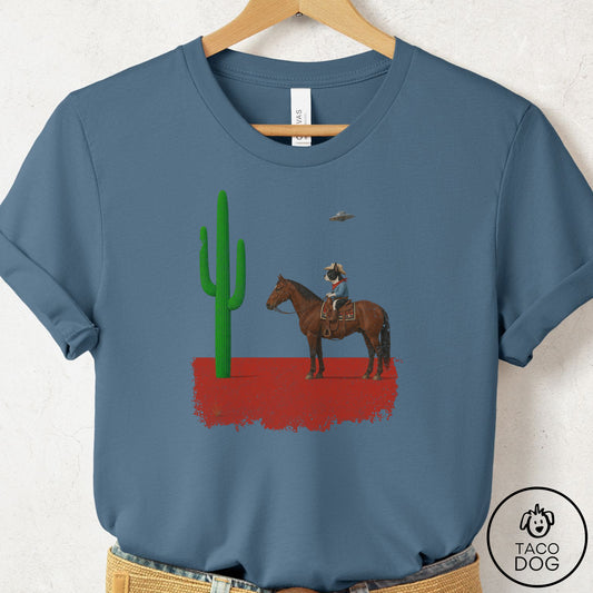 Boston Terrier Cowboy Cactus T-Shirt Steel Blue Taco-Dog