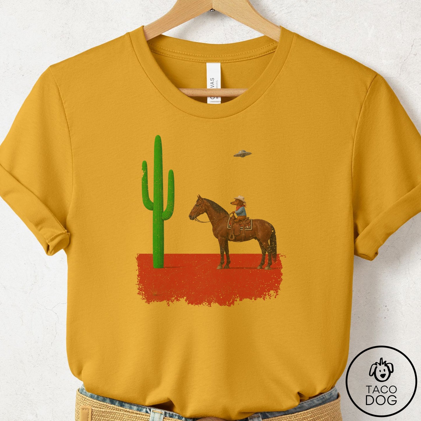 Dachshund Cowboy Cactus T-Shirt Mustard Taco-Dog