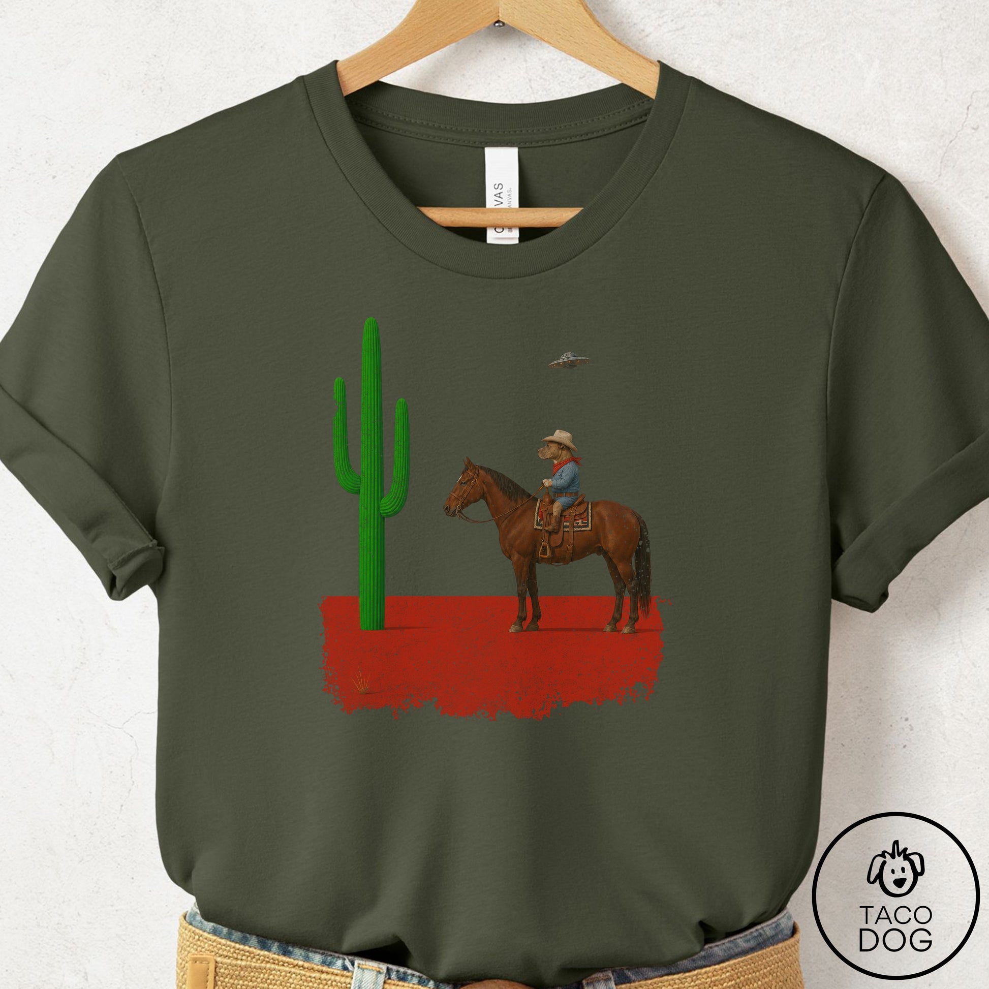 Pitbull Cowboy Cactus T-Shirt Military Green Taco-Dog