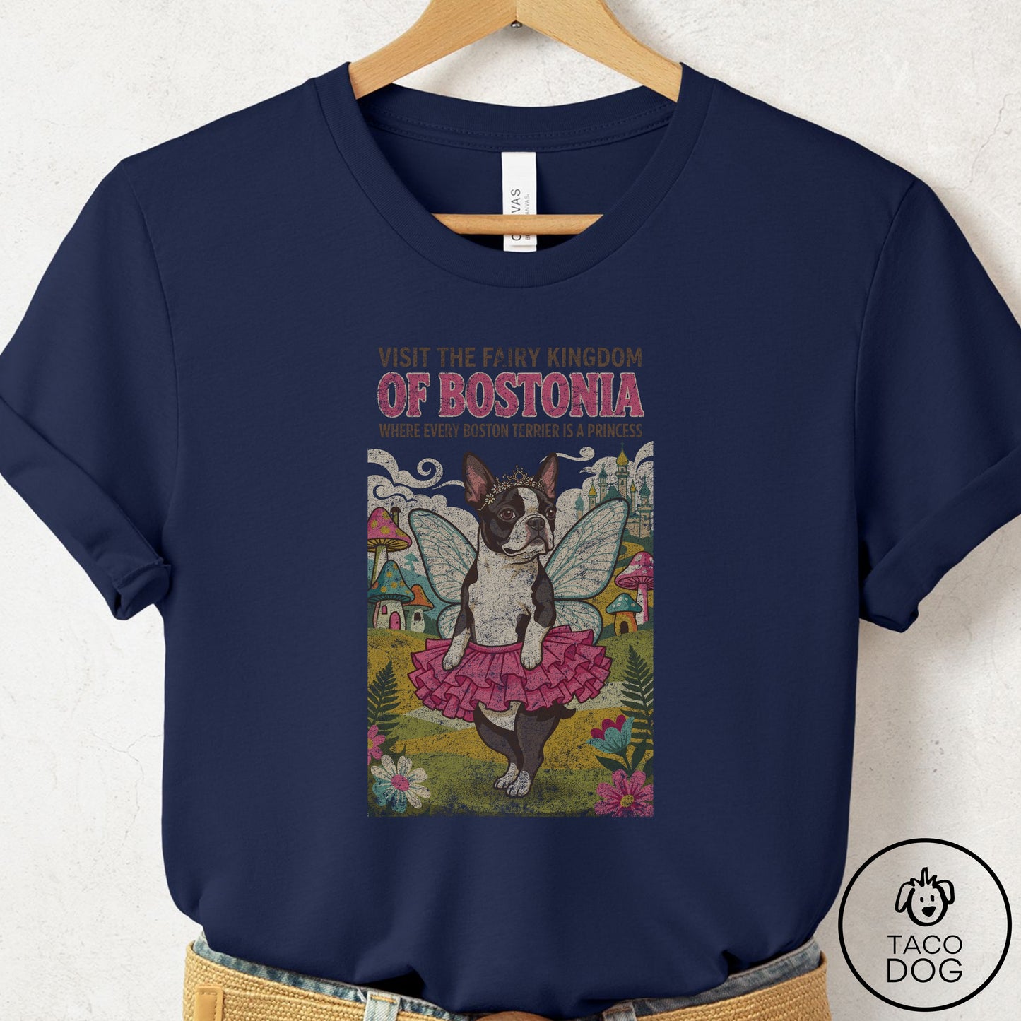 Boston Terrier Fairy Kingdom T-Shirt Navy Taco-Dog