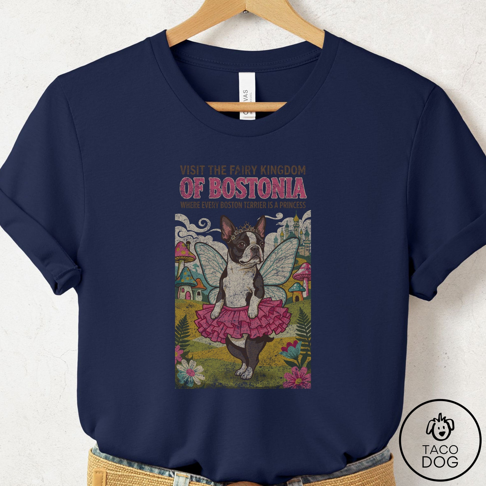 Boston Terrier Fairy Kingdom T-Shirt Navy Taco-Dog