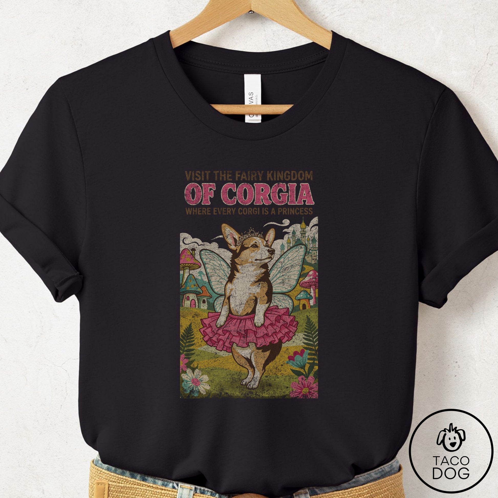 Corgi Fairy Kingdom T-Shirt Black Taco-Dog