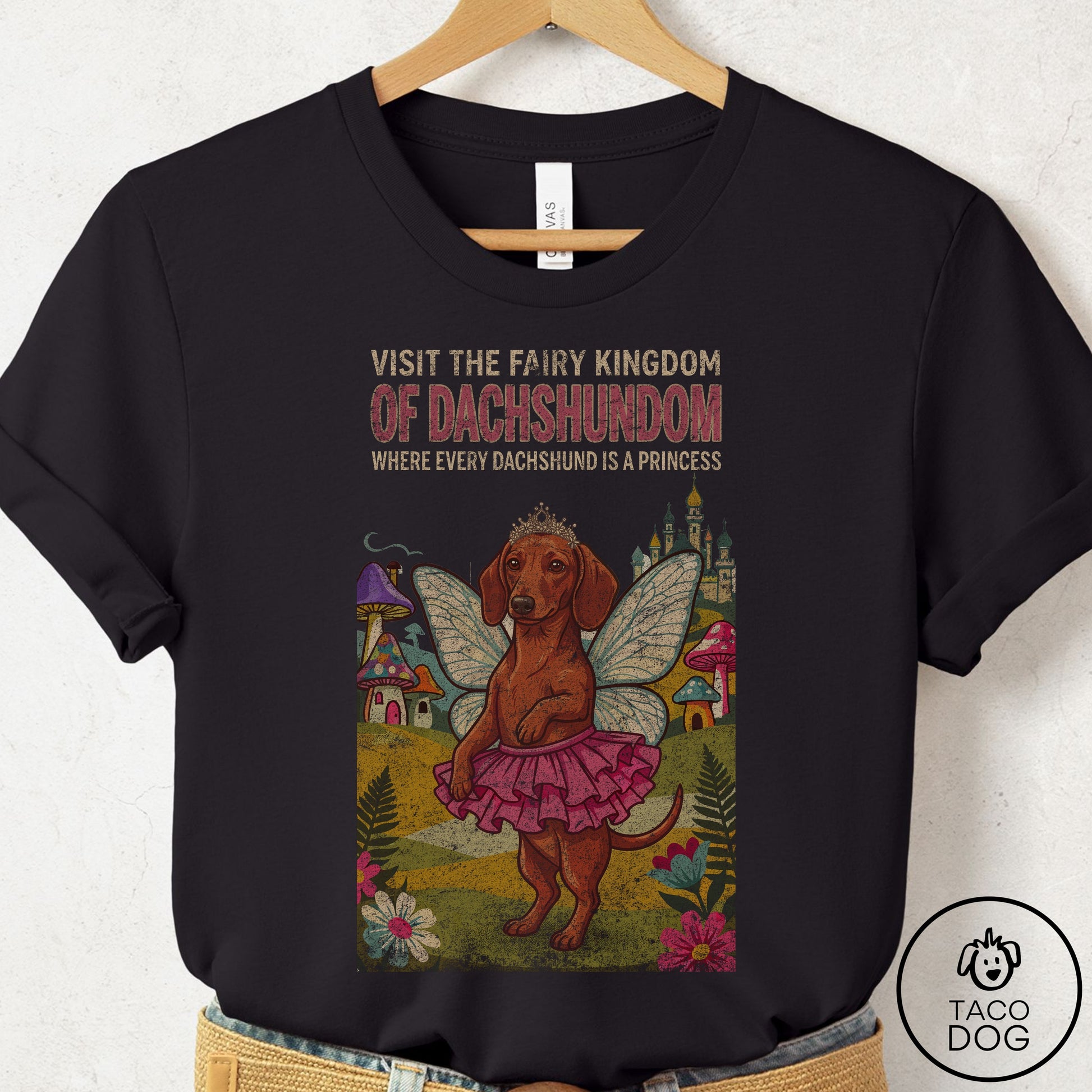 Dachshund Fairy Kingdom T-Shirt Black Taco-Dog
