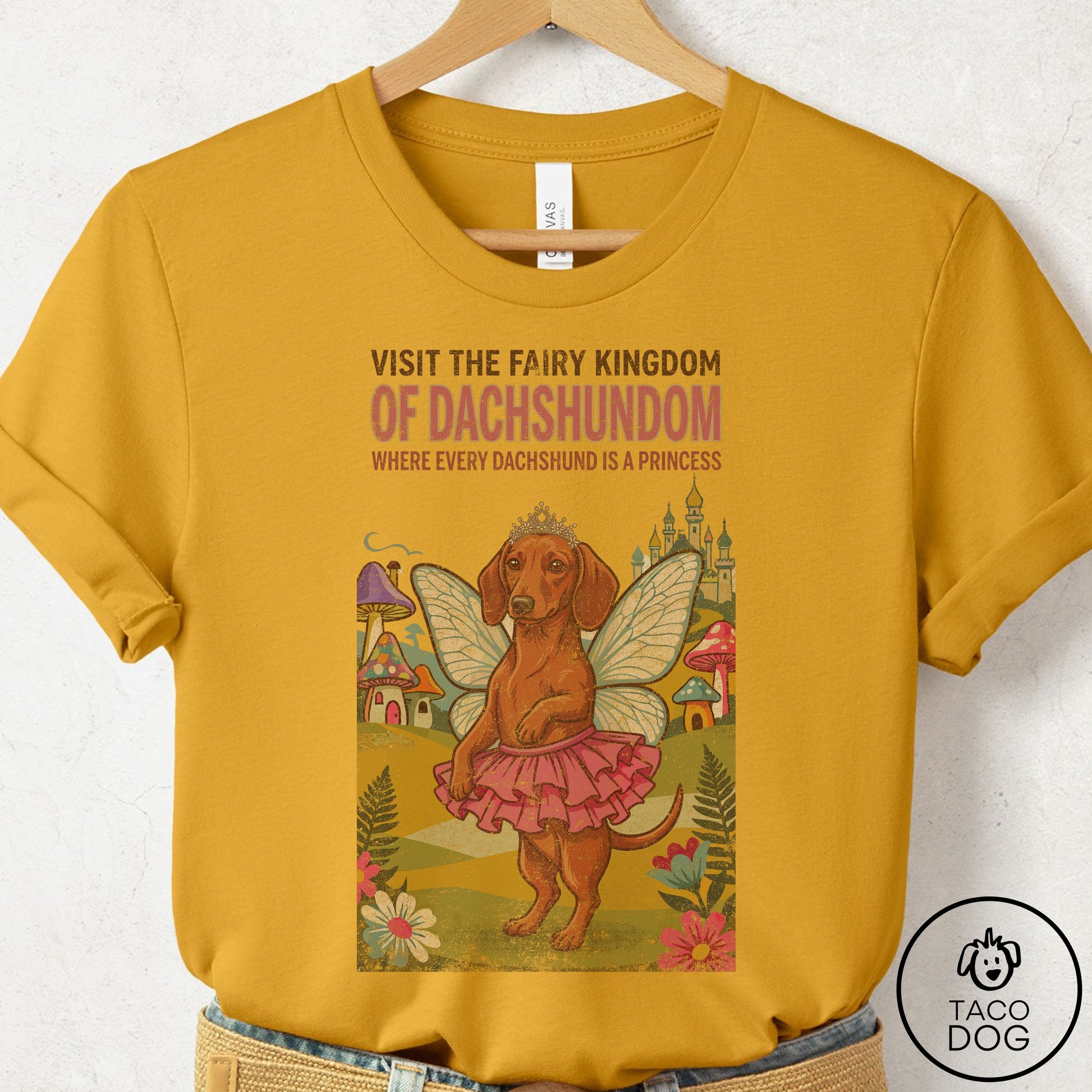 Dachshund Fairy Kingdom T-Shirt Mustard Taco-Dog