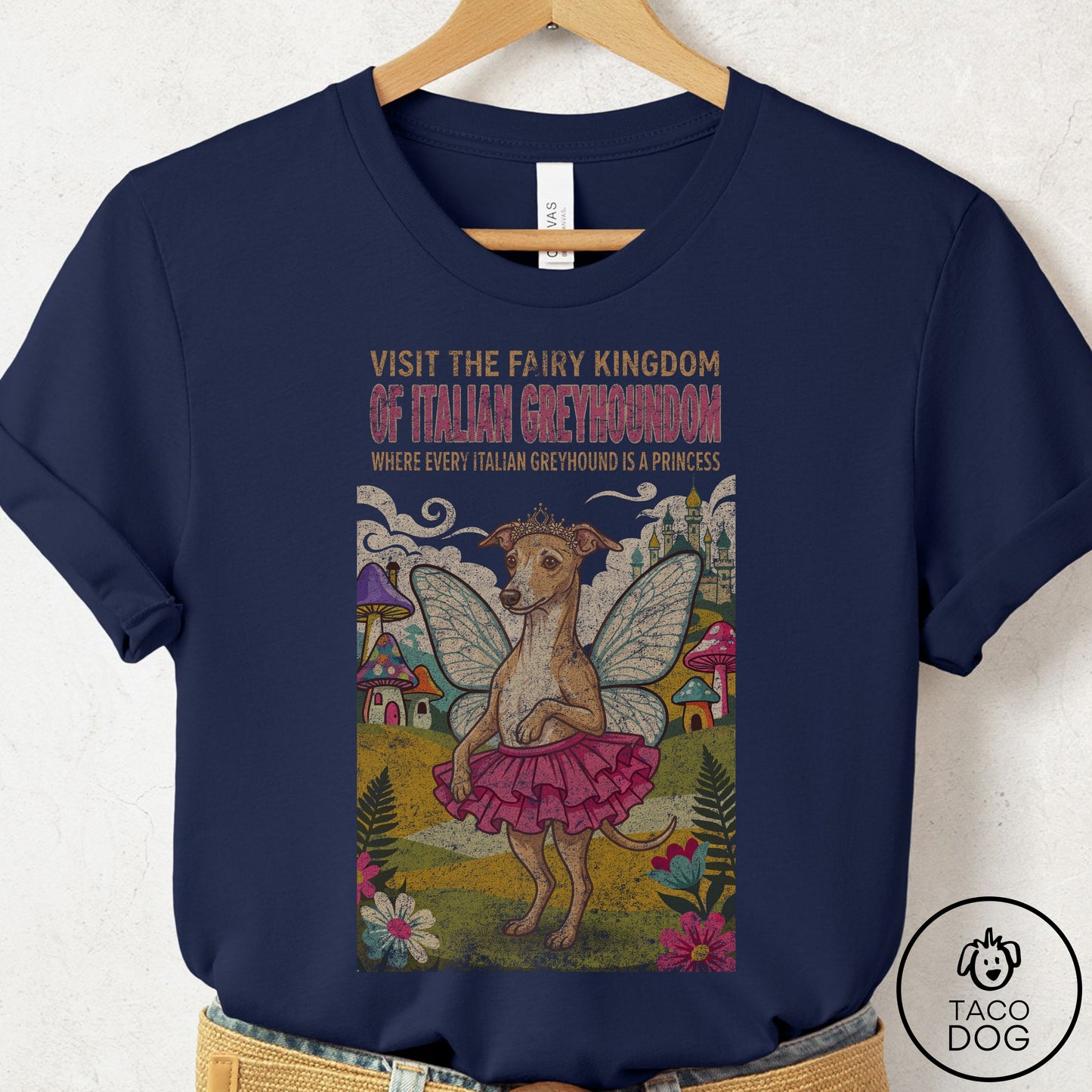 Italian Greyhound Whippet Fairy Kingdom T-Shirt Navy Taco-Dog
