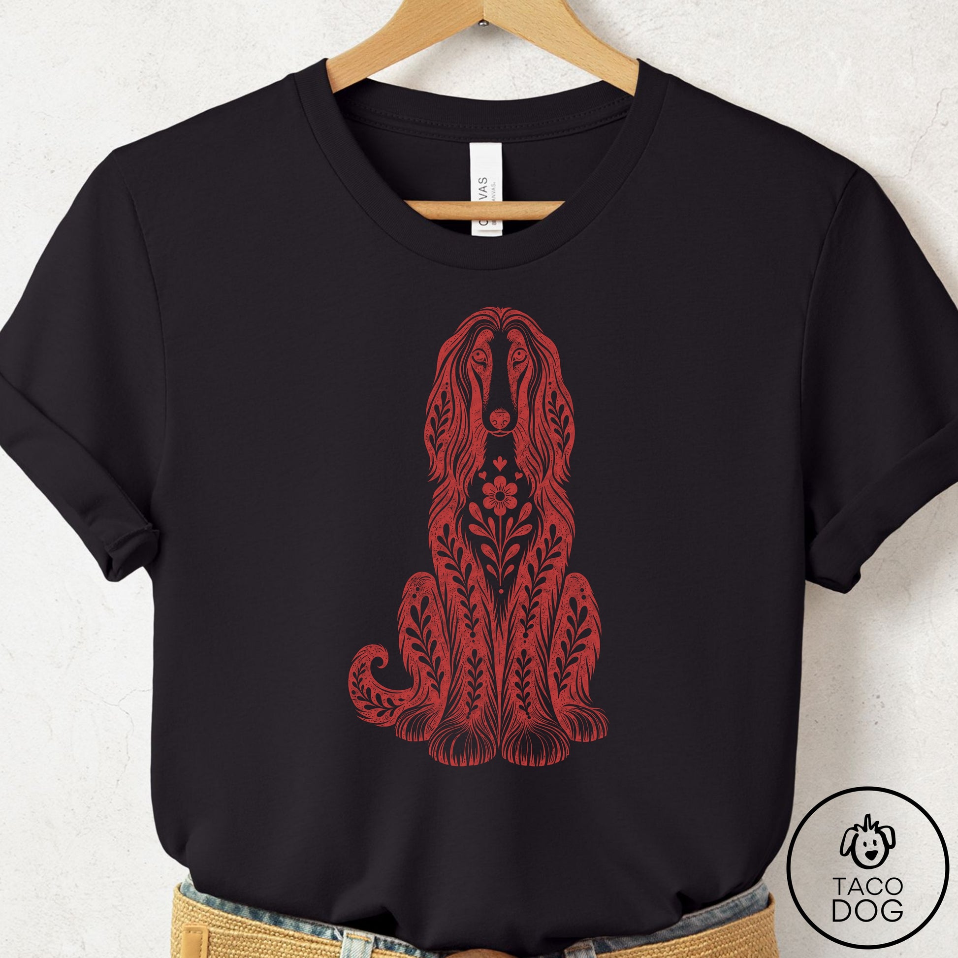 Afghan Hound Folk Art Dog T-Shirt Black Taco-Dog