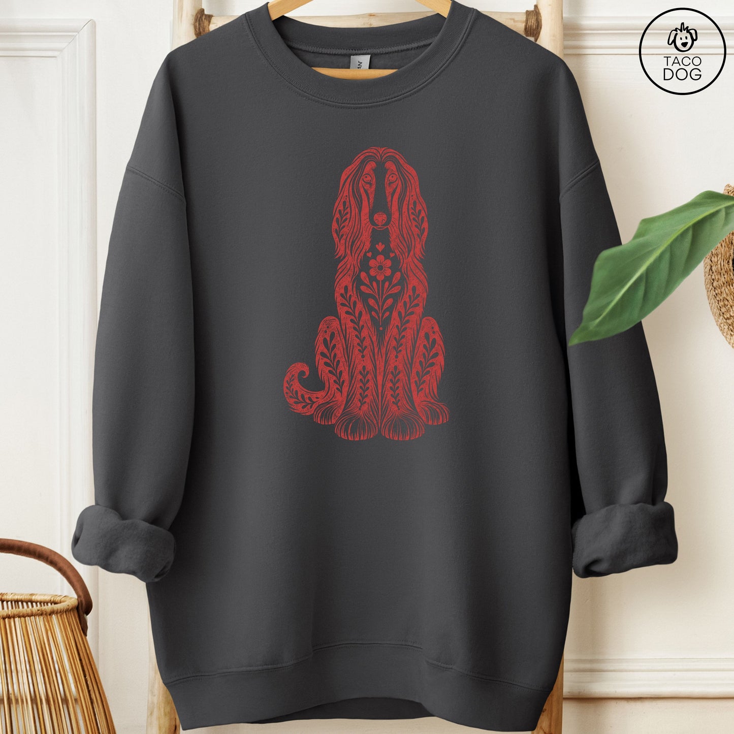Afghan Hound Folk Art Dog Sweatshirt Charcoal Taco-Dog