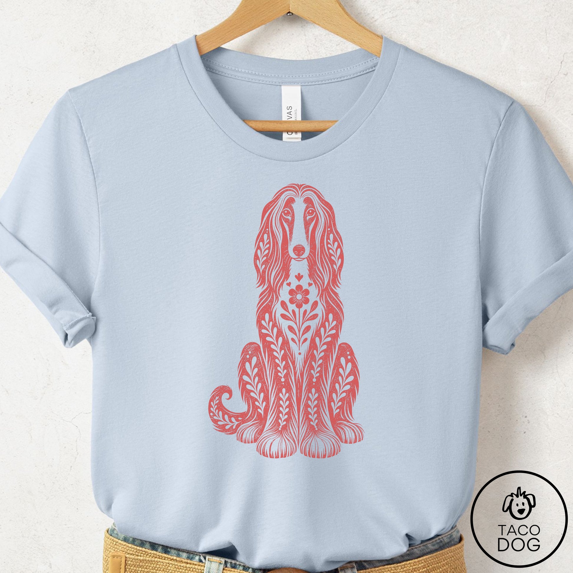 Afghan Hound Folk Art Dog T-Shirt Light Blue Taco-Dog