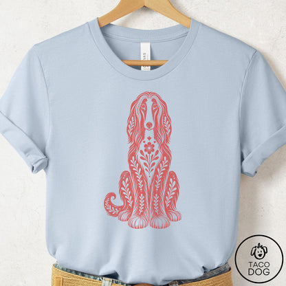 Afghan Hound Folk Art Dog T-Shirt Light Blue Taco-Dog
