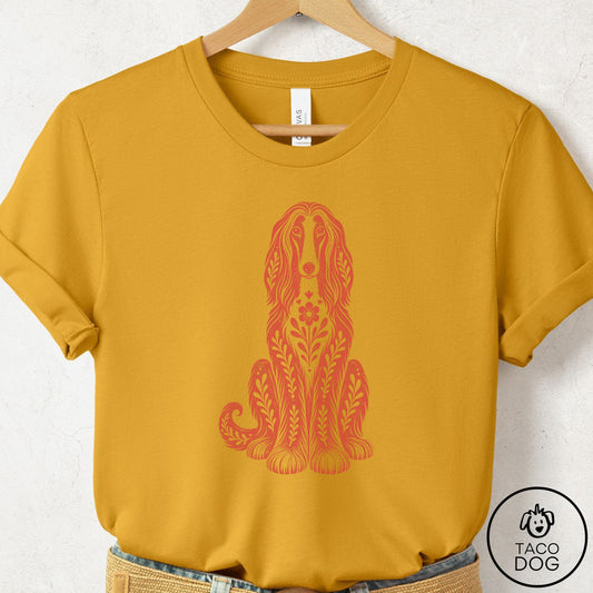 Afghan Hound Folk Art Dog T-Shirt Mustard Taco-Dog