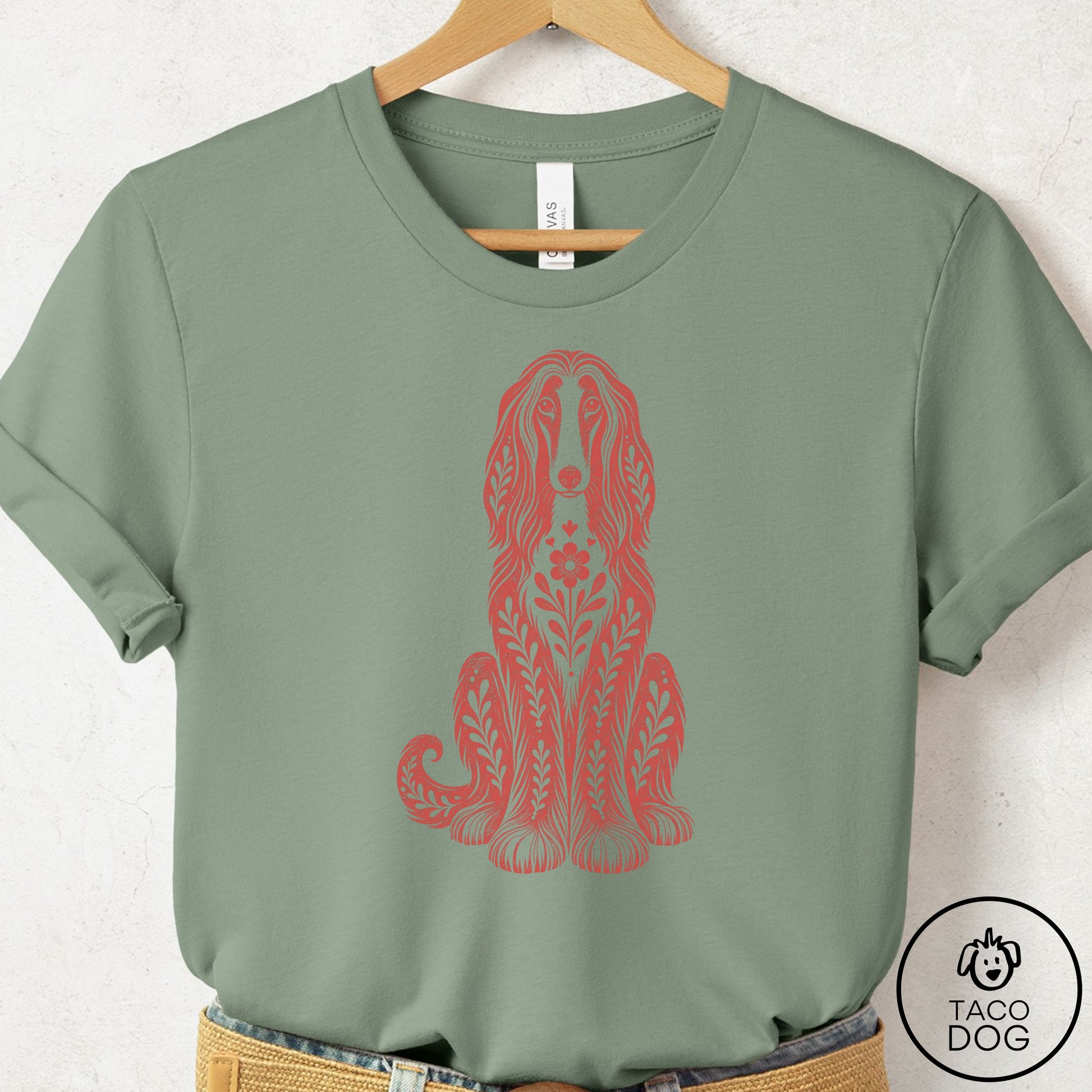 Afghan Hound Folk Art Dog T-Shirt Sage Taco-Dog