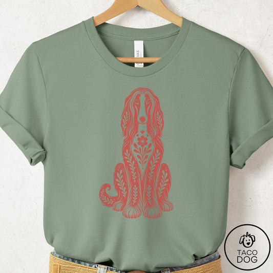 Afghan Hound Folk Art Dog T-Shirt Sage Taco-Dog