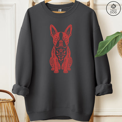 Boston Terrier Folk Art Dog Sweatshirt Charcoal Taco-Dog