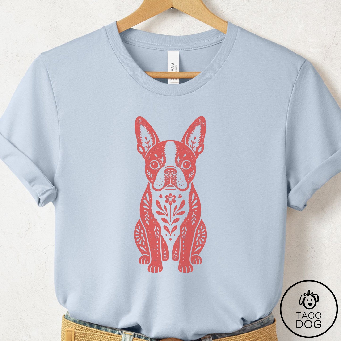 Boston Terrier Folk Art Dog T-Shirt Light Blue Taco-Dog
