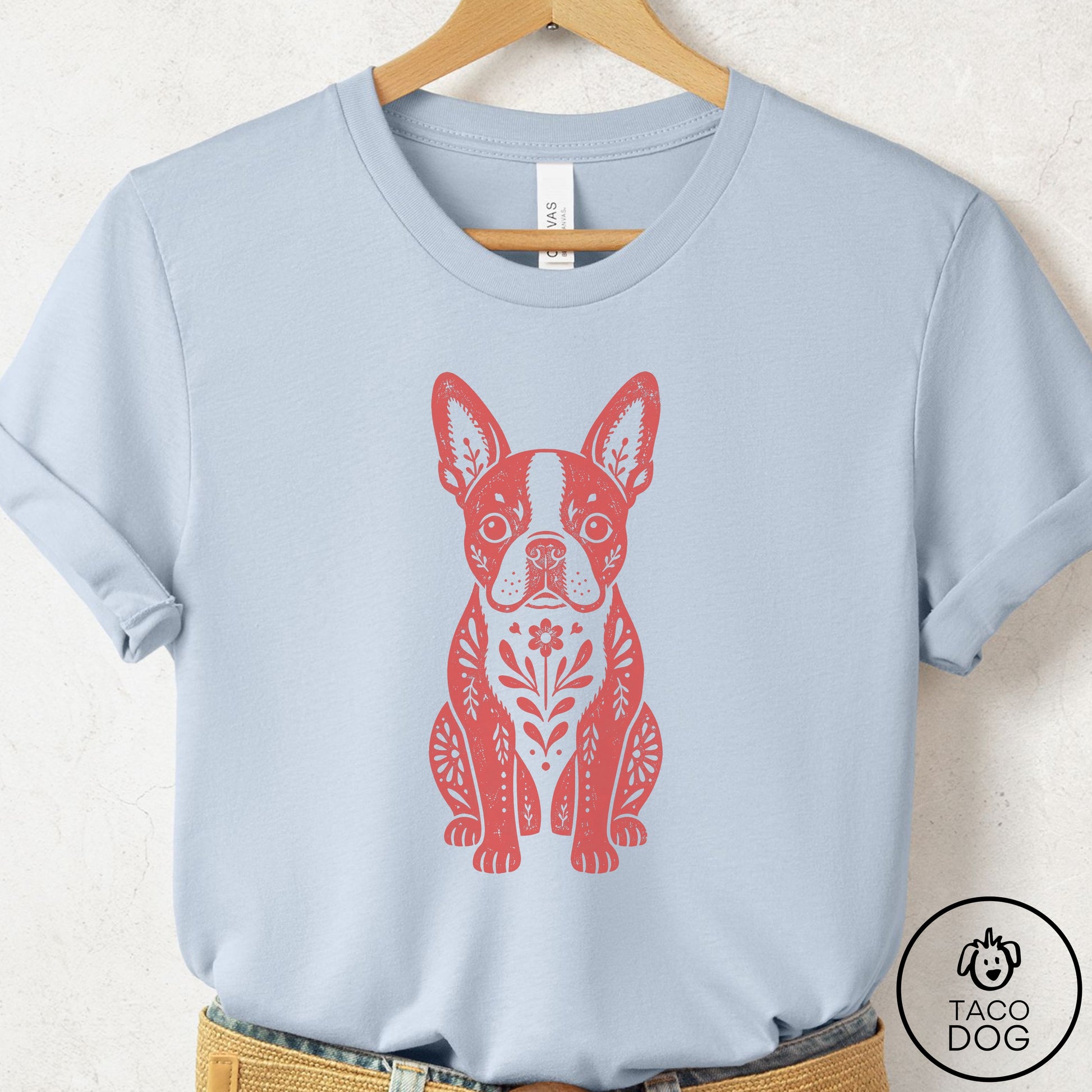 Boston Terrier Folk Art Dog T-Shirt Light Blue Taco-Dog