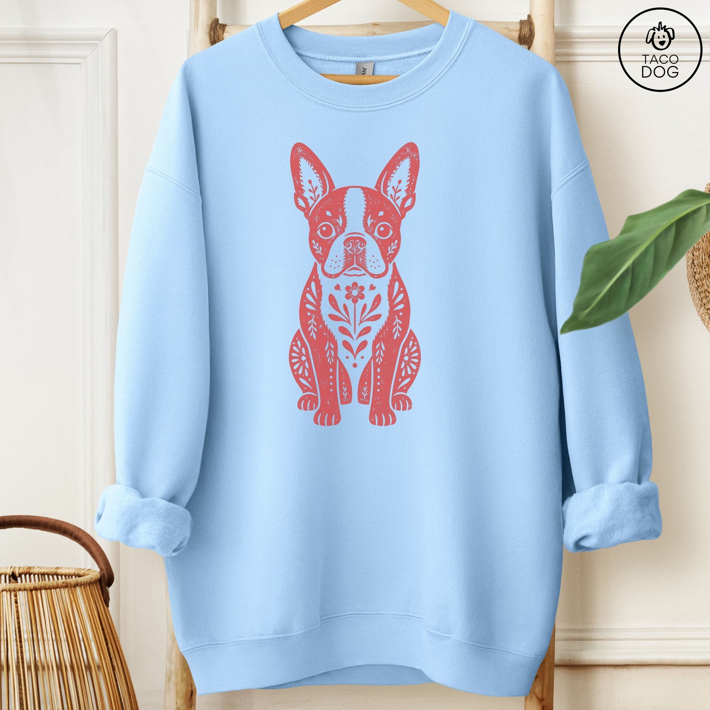 Boston Terrier Folk Art Dog Sweatshirt Light Blue Taco-Dog