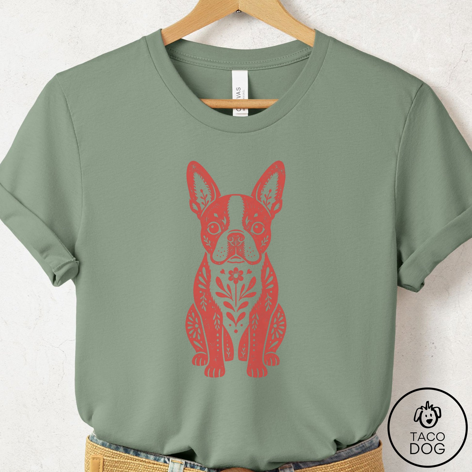 Boston Terrier Folk Art Dog T-Shirt Sage Taco-Dog