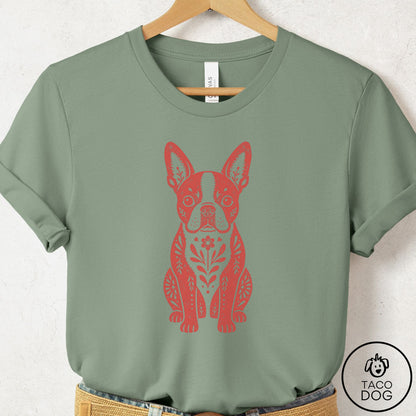 Boston Terrier Folk Art Dog T-Shirt Sage Taco-Dog
