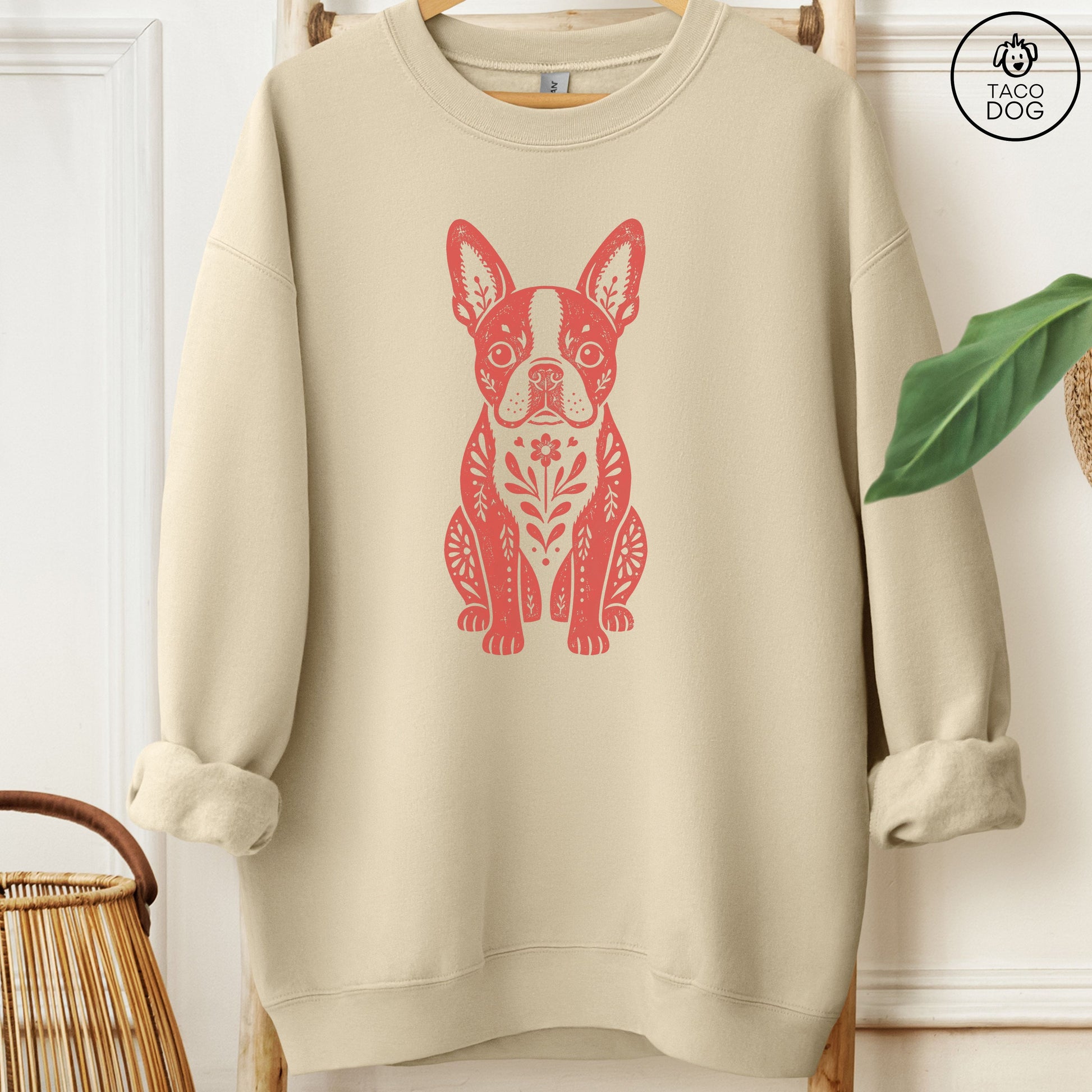 Boston Terrier Folk Art Dog Sweatshirt Sand Taco-Dog