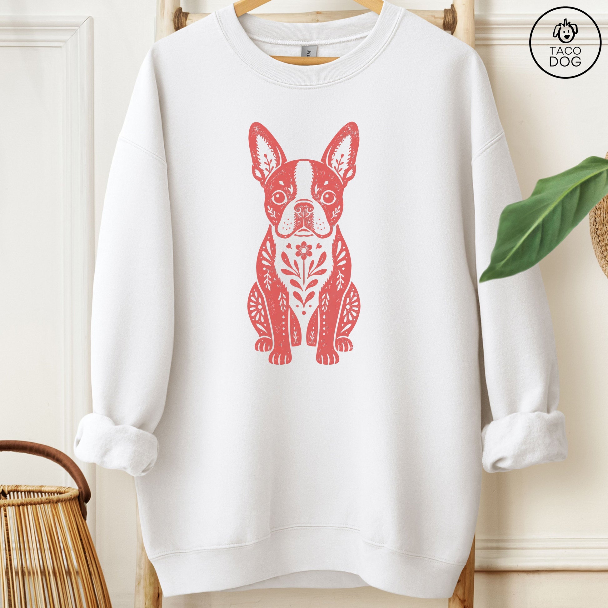 Boston Terrier Folk Art Dog Sweatshirt White Taco-Dog