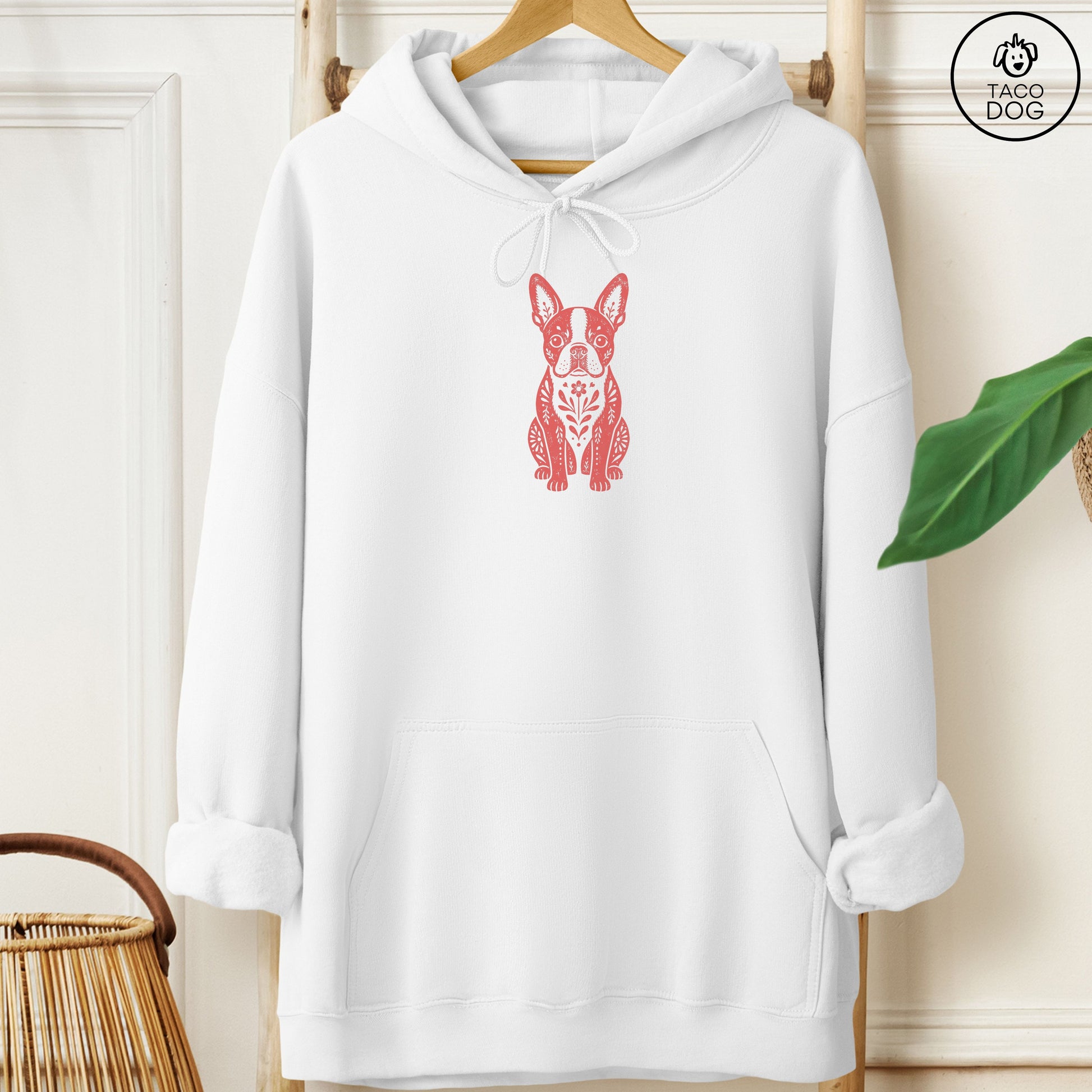 Boston Terrier Folk Art Dog Hoodie White Taco-Dog