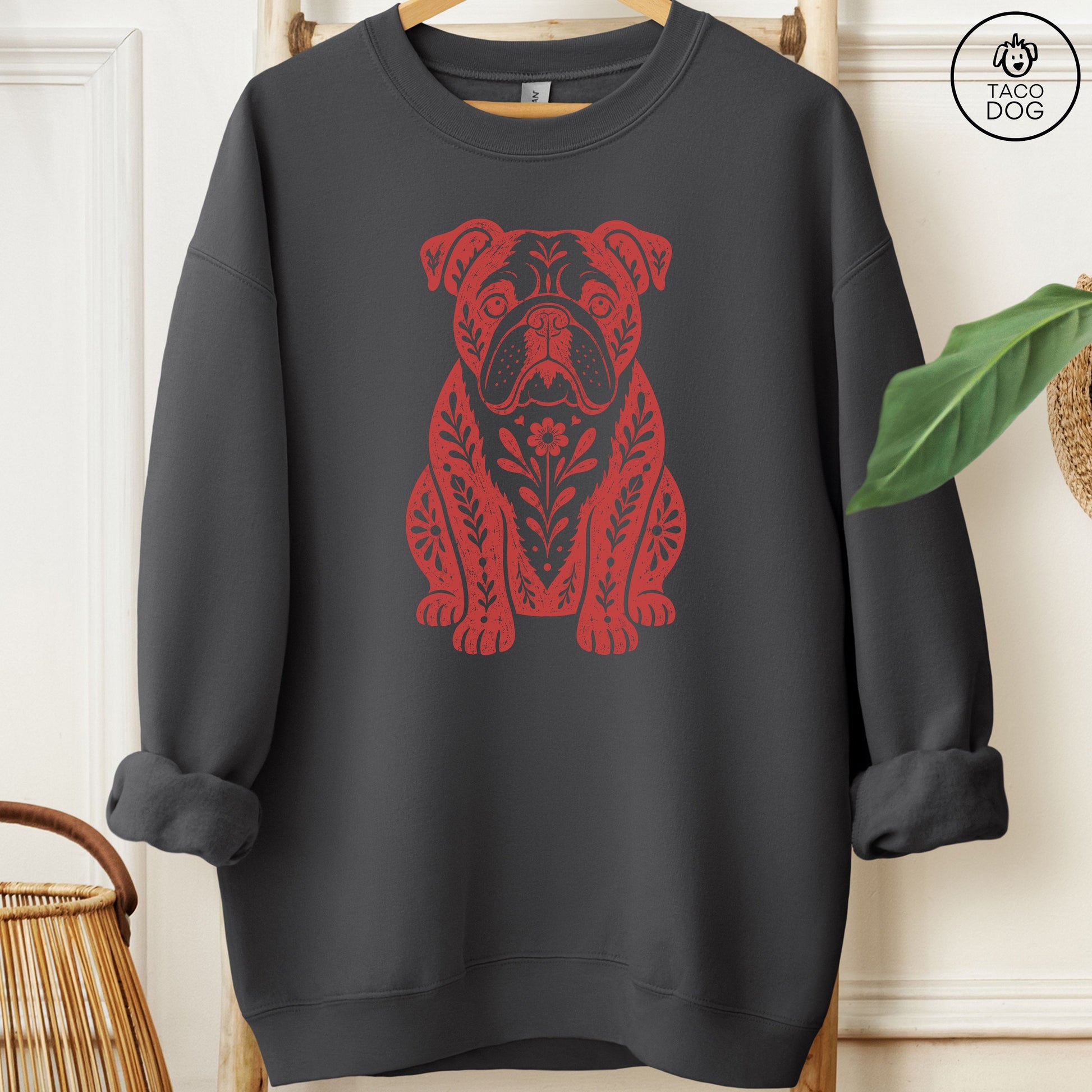 English Bulldog Folk Art Dog Sweatshirt Charcoal Taco-Dog