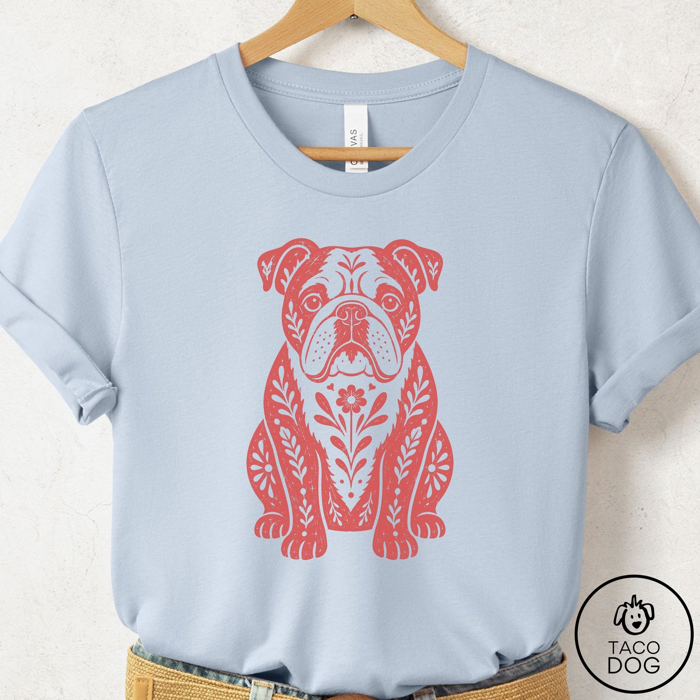 English Bulldog Folk Art Dog T-Shirt Light Blue Taco-Dog