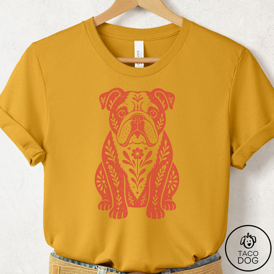 English Bulldog Folk Art Dog T-Shirt Mustard Taco-Dog