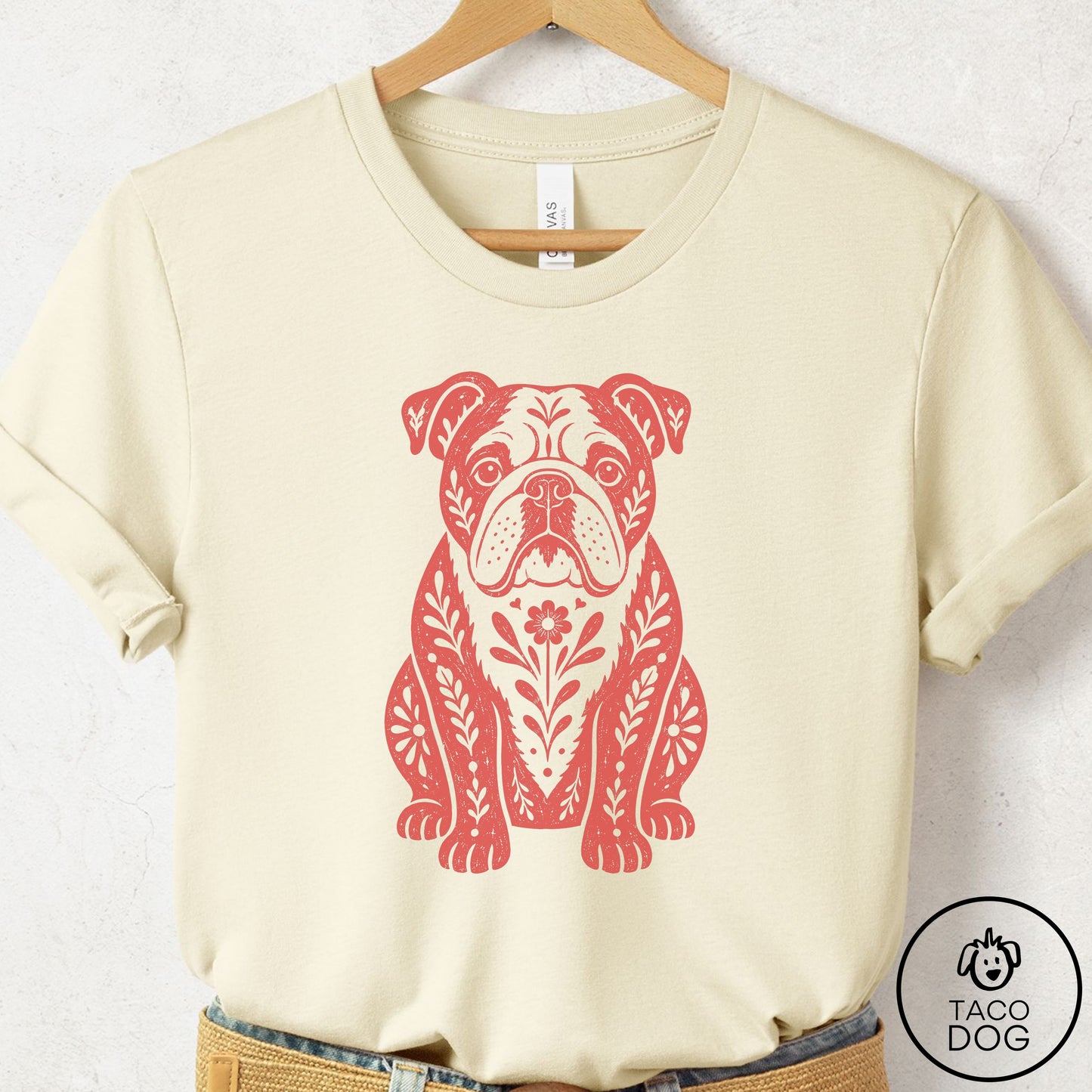 English Bulldog Folk Art Dog T-Shirt Natural Taco-Dog