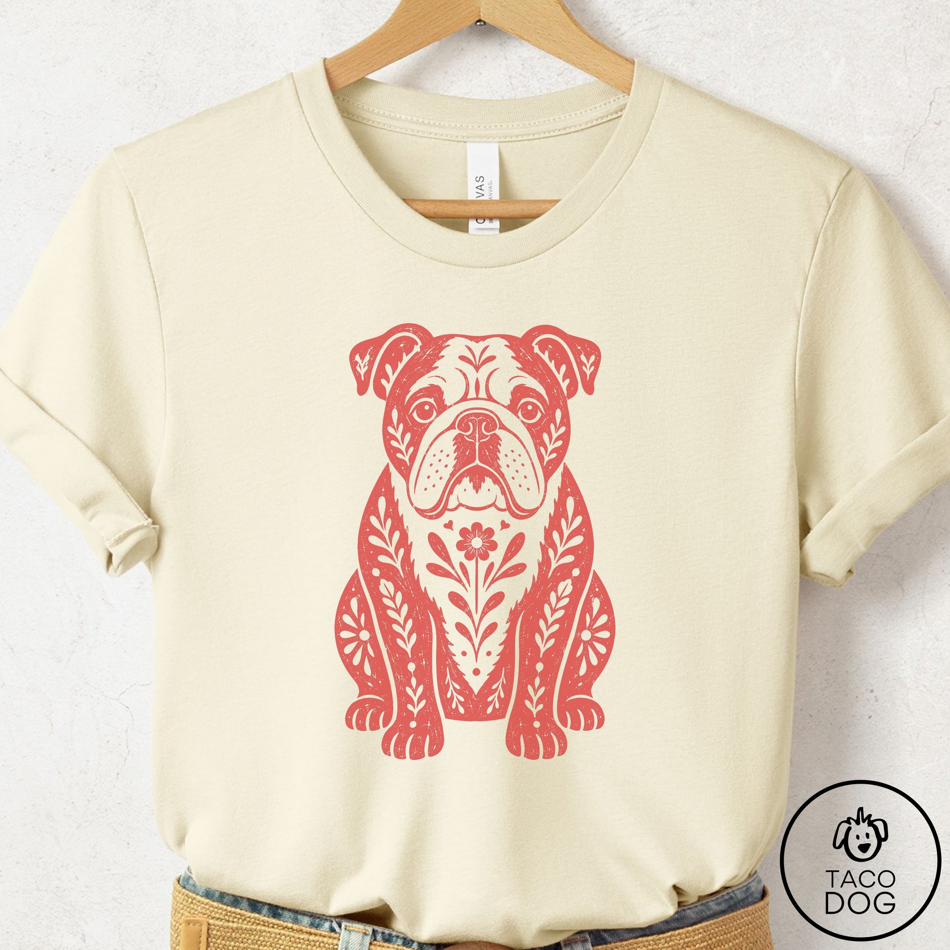English Bulldog Folk Art Dog T-Shirt Natural Taco-Dog