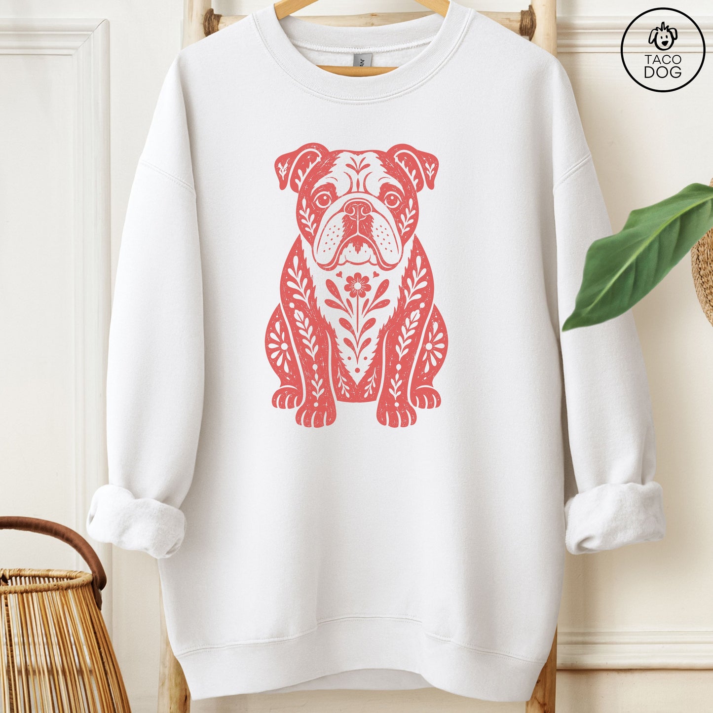 English Bulldog Folk Art Dog Sweatshirt White Taco-Dog