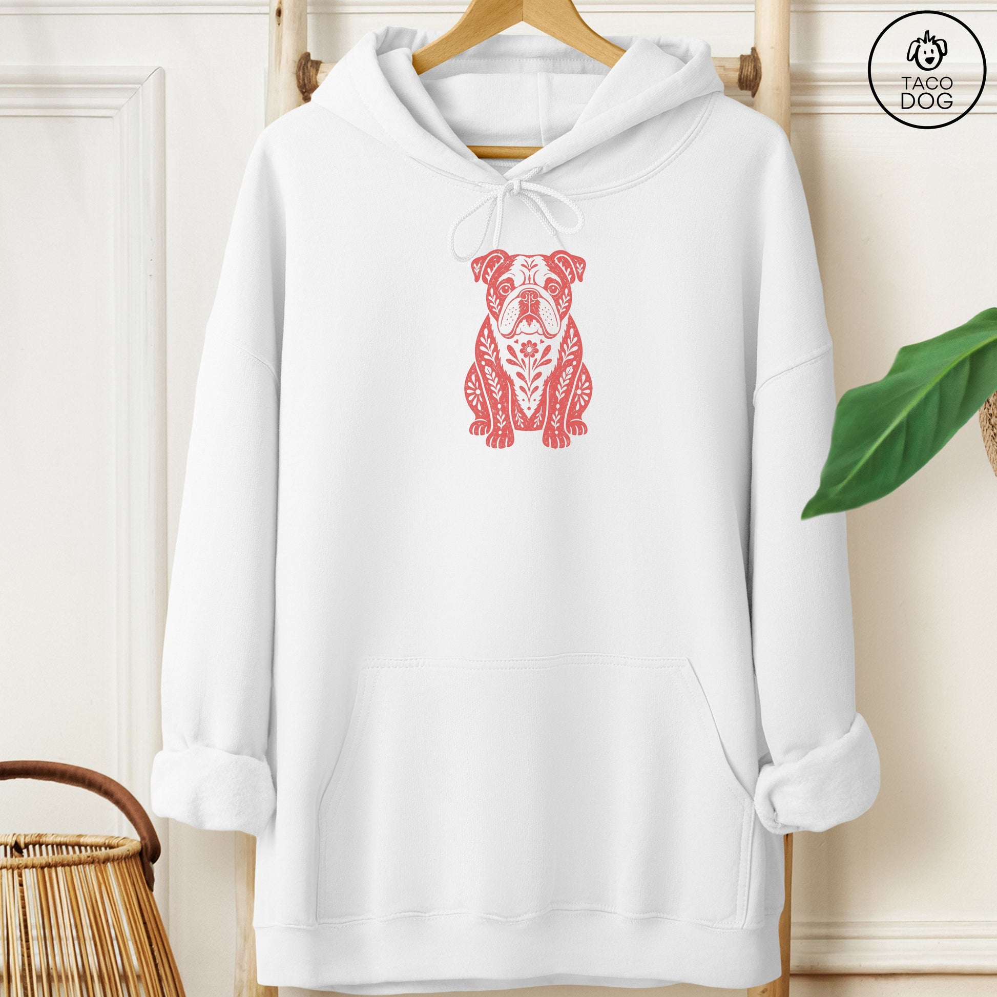 English Bulldog Folk Art Dog Hoodie White Taco-Dog