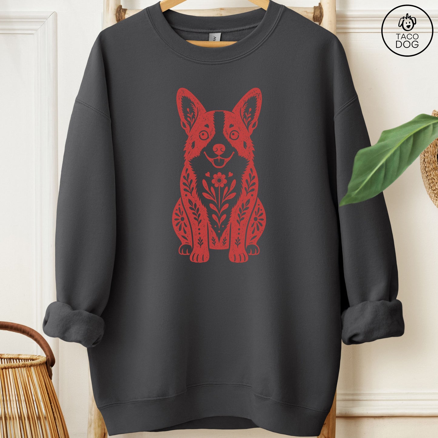 Corgi Folk Art Dog Sweatshirt Charcoal Taco-Dog