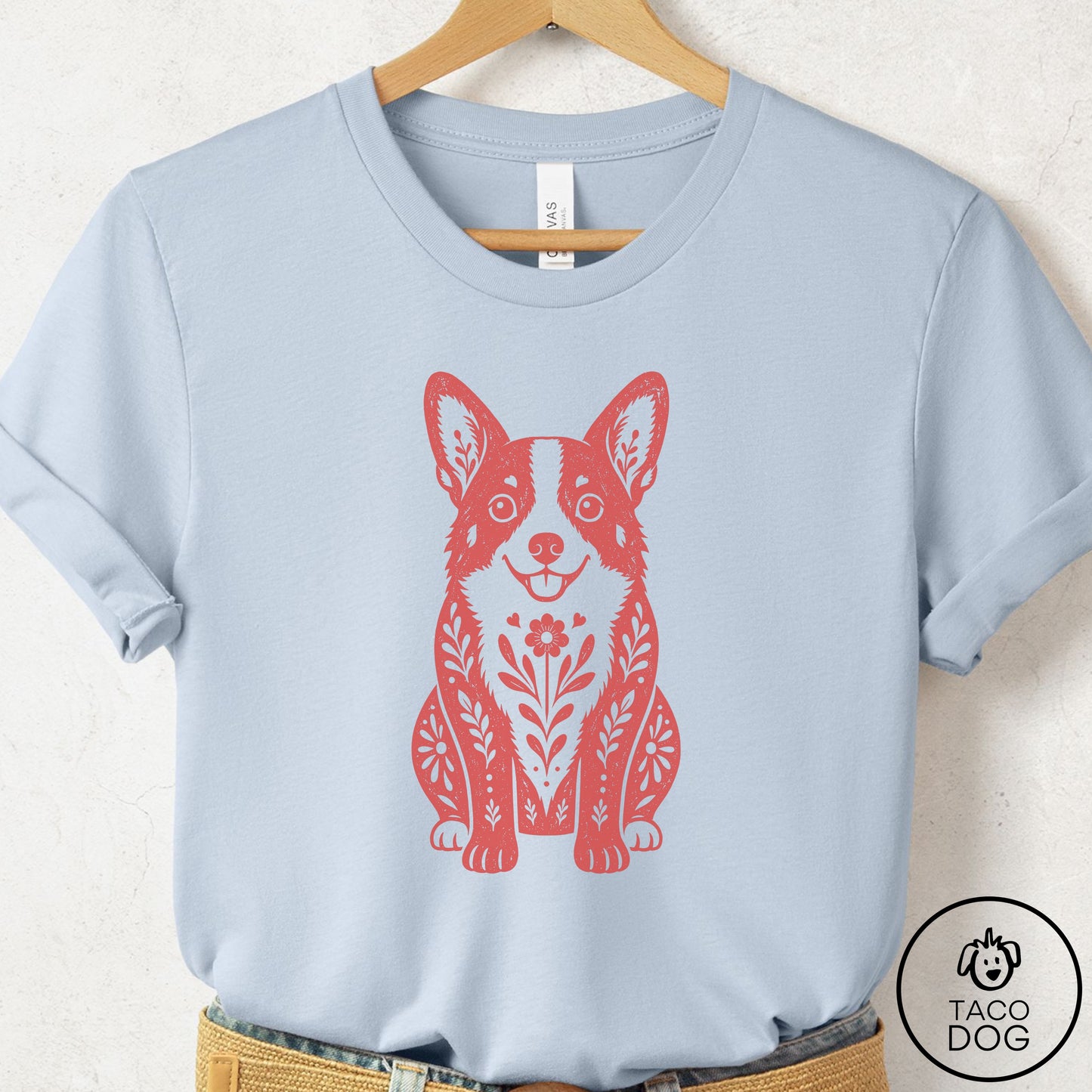 Corgi Folk Art Dog T-Shirt Light Blue Taco-Dog