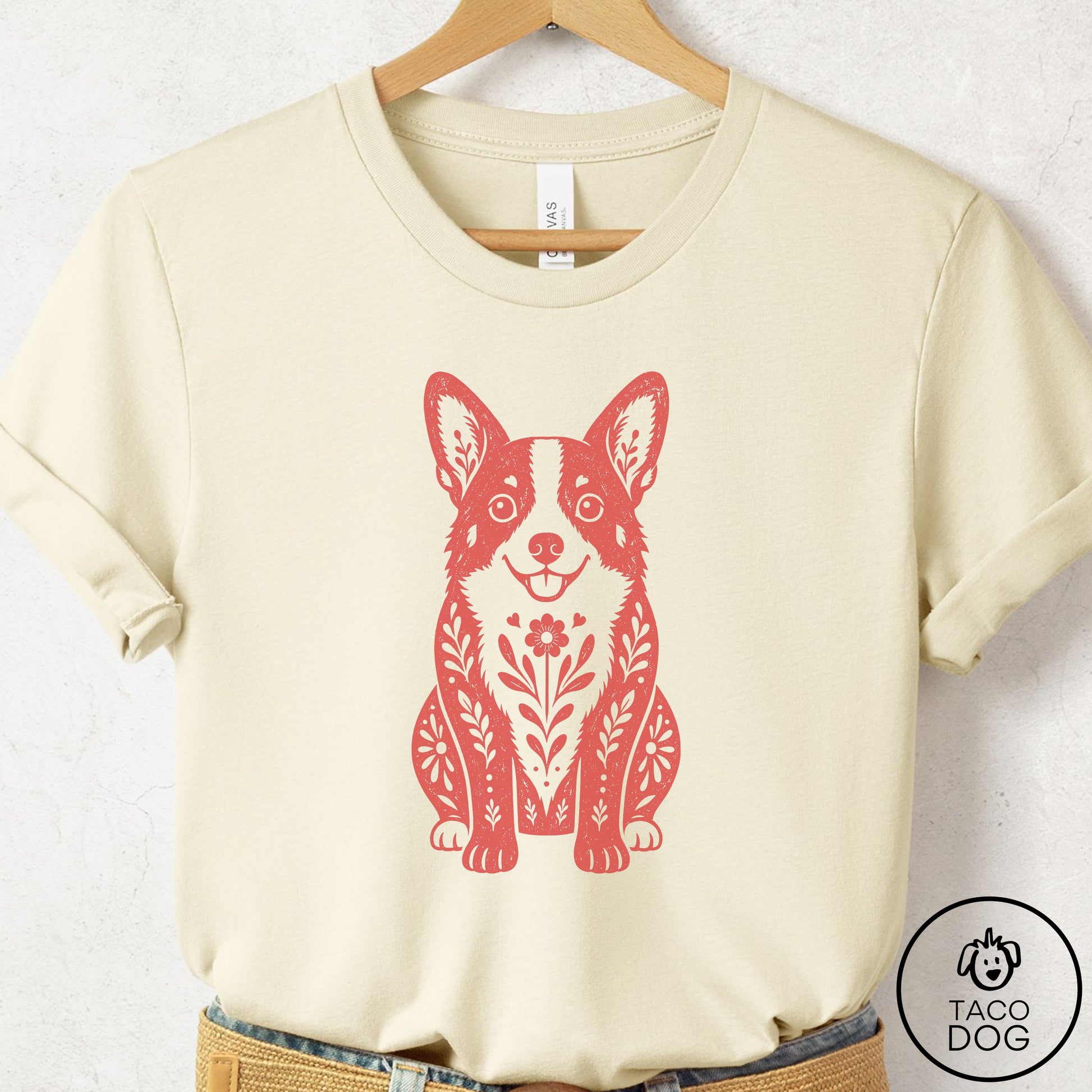 Corgi Folk Art Dog T-Shirt Natural Taco-Dog