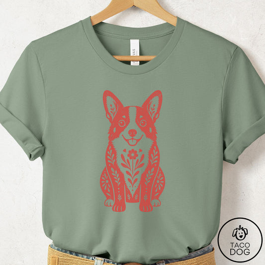 Corgi Folk Art Dog T-Shirt Sage Taco-Dog