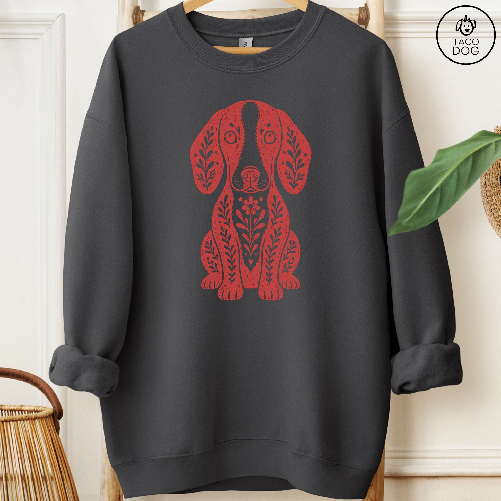 Dachshund Folk Art Dog Sweatshirt Charcoal Taco-Dog