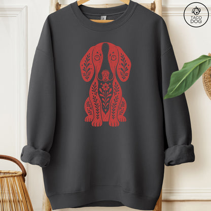 Dachshund Folk Art Dog Sweatshirt Charcoal Taco-Dog