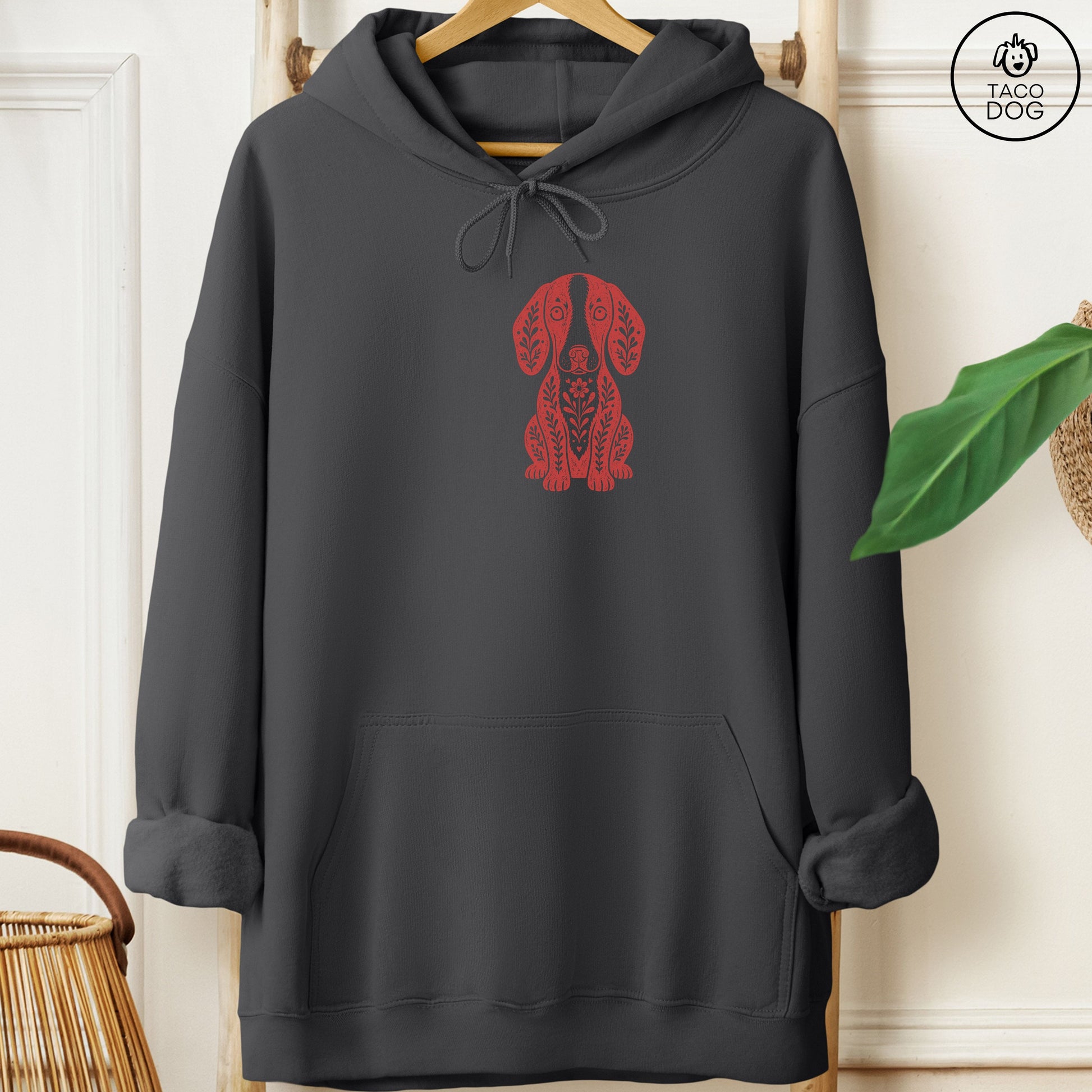 Dachshund Folk Art Dog Hoodie Charcoal Taco-Dog