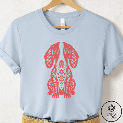 Dachshund Folk Art Dog T-Shirt Light Blue Taco-Dog