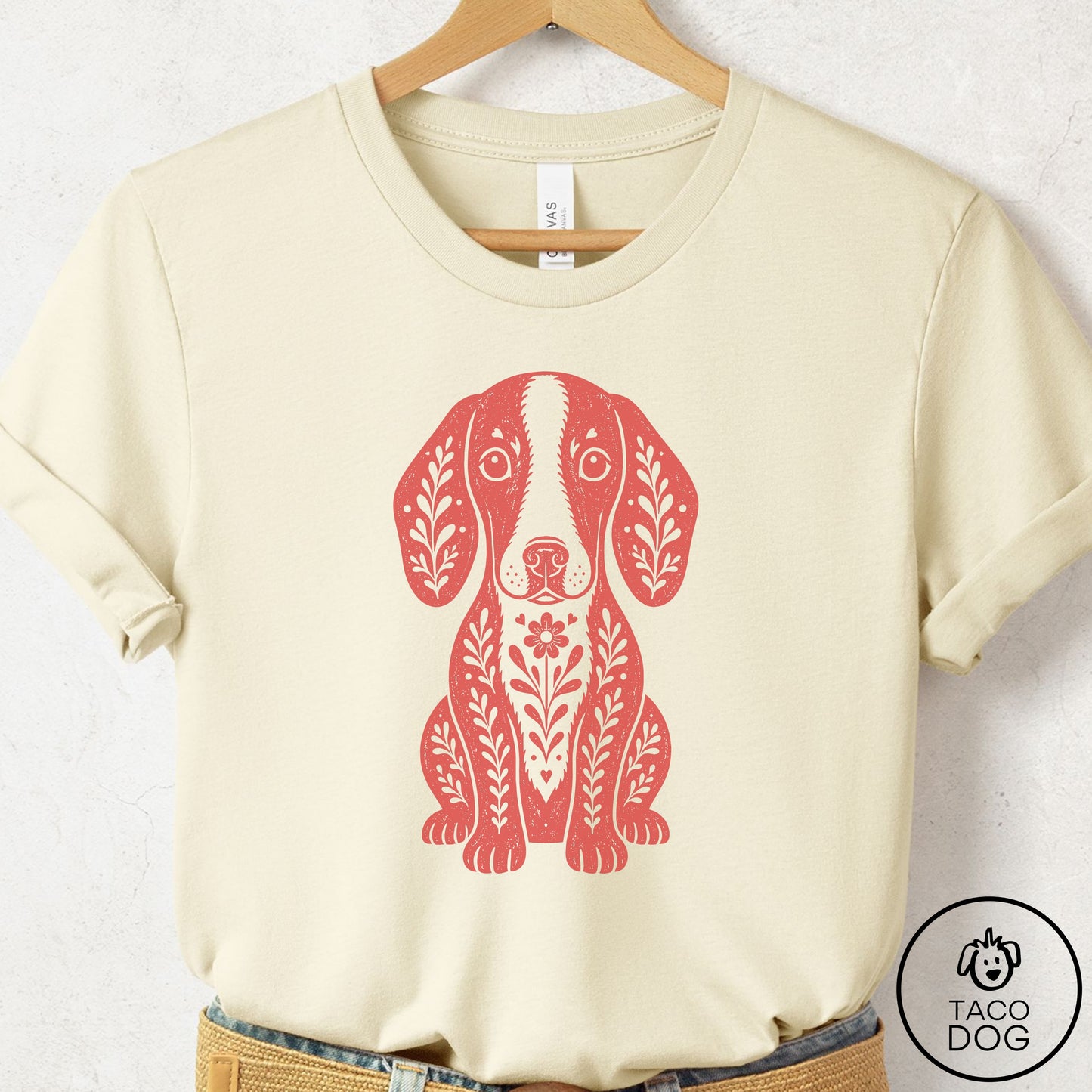 Dachshund Folk Art Dog T-Shirt Natural Taco-Dog