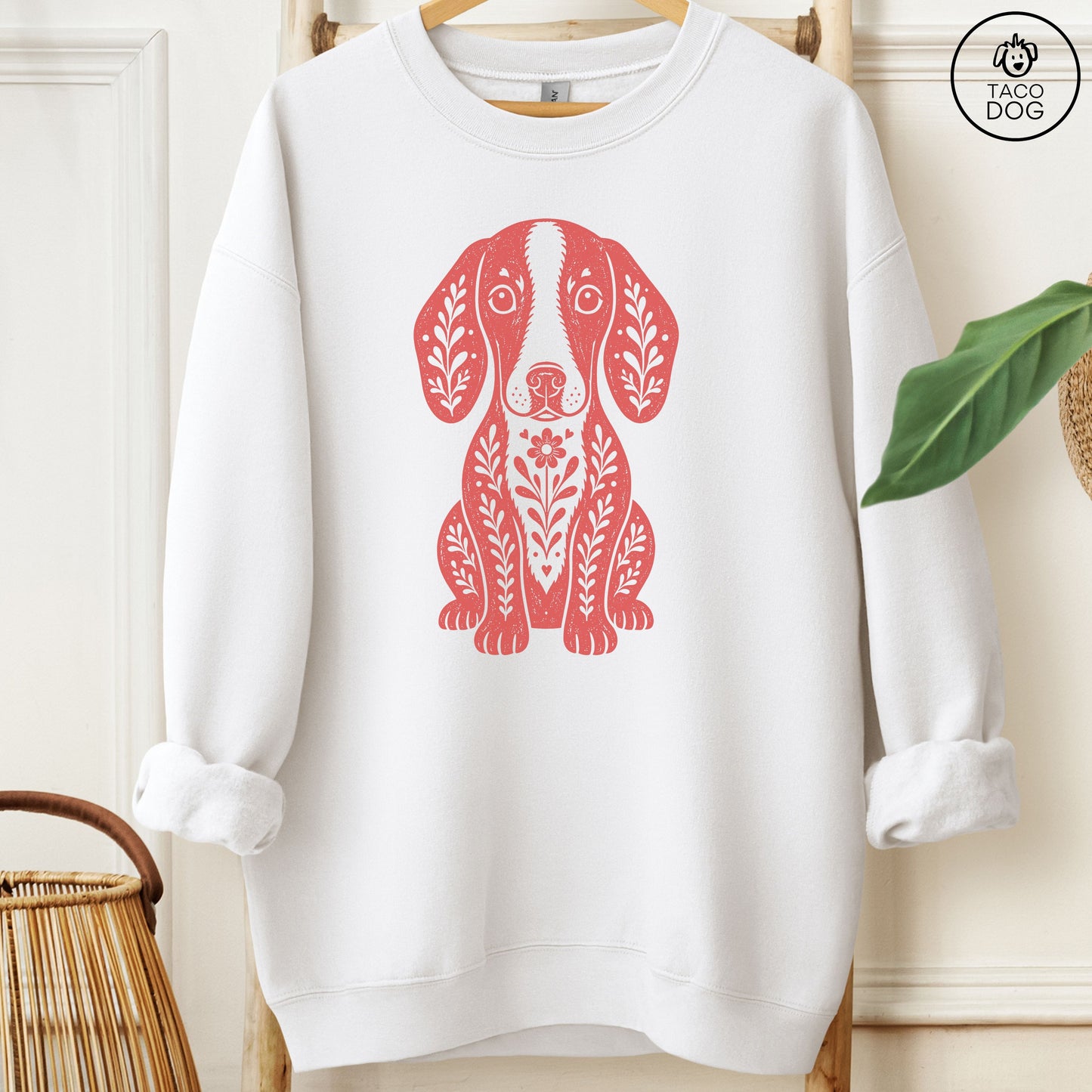 Dachshund Folk Art Dog Sweatshirt White Taco-Dog