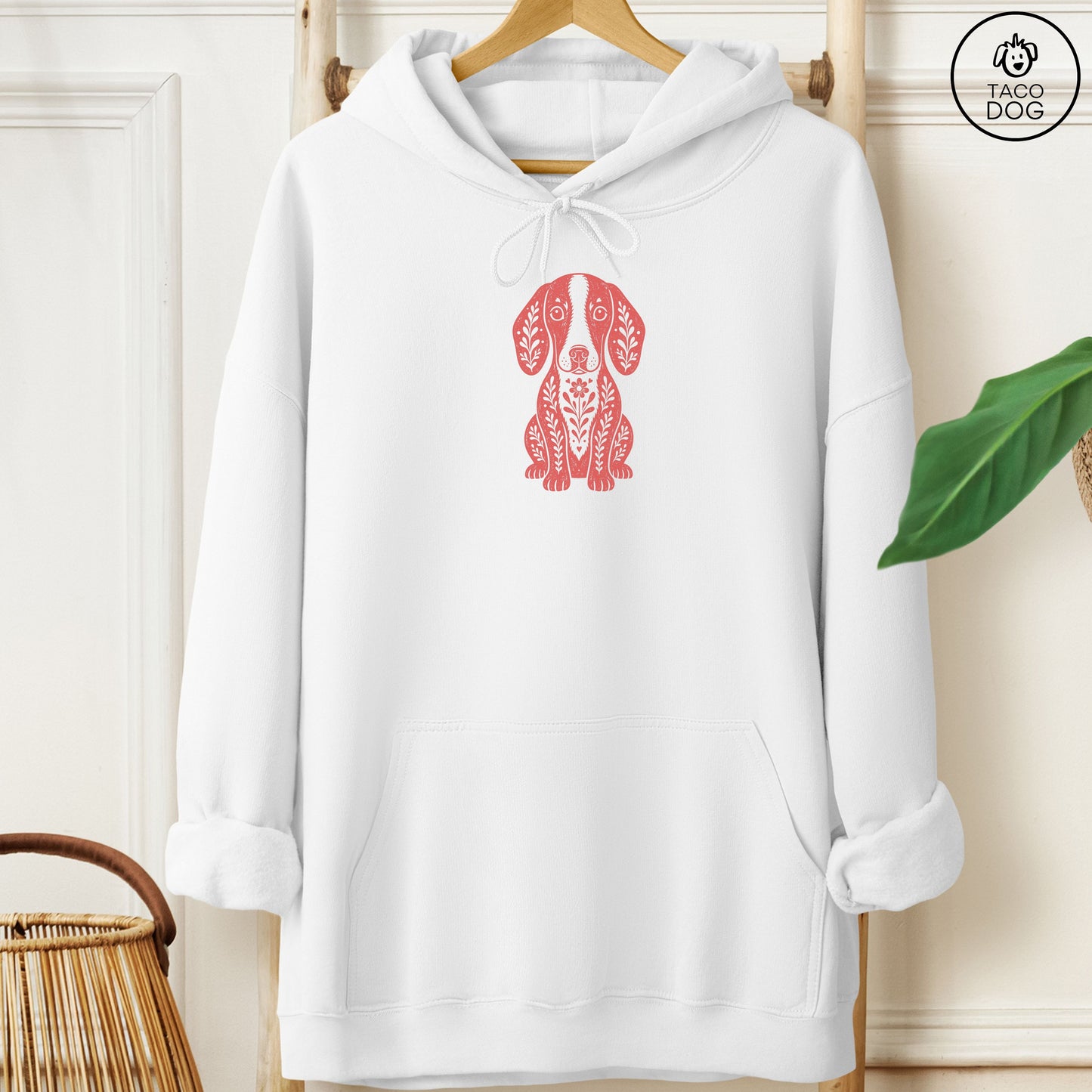Dachshund Folk Art Dog Hoodie White Taco-Dog