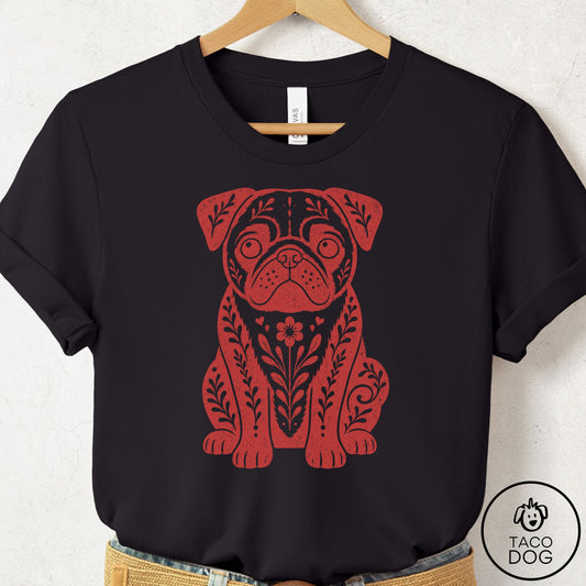 Pug Folk Art Dog T-Shirt Black Taco-Dog