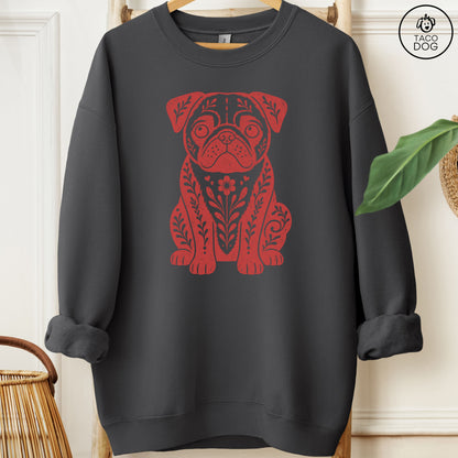 Pug Folk Art Dog Sweatshirt Charcoal Taco-Dog