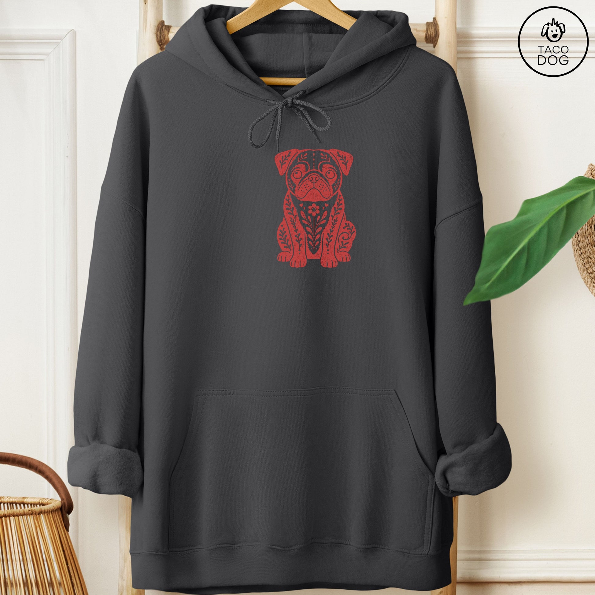 Pug Folk Art Dog Hoodie Charcoal Taco-Dog
